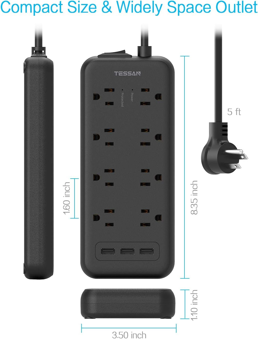Surge Protector Power Strip, 8 Outlets and 3 USB Ports 5Ft Long Extension Cord Flat Plug, 1875W/15A, 1700 Joules, Wall Mountable for Home, Office, School and Dorm Room Essentials, Black