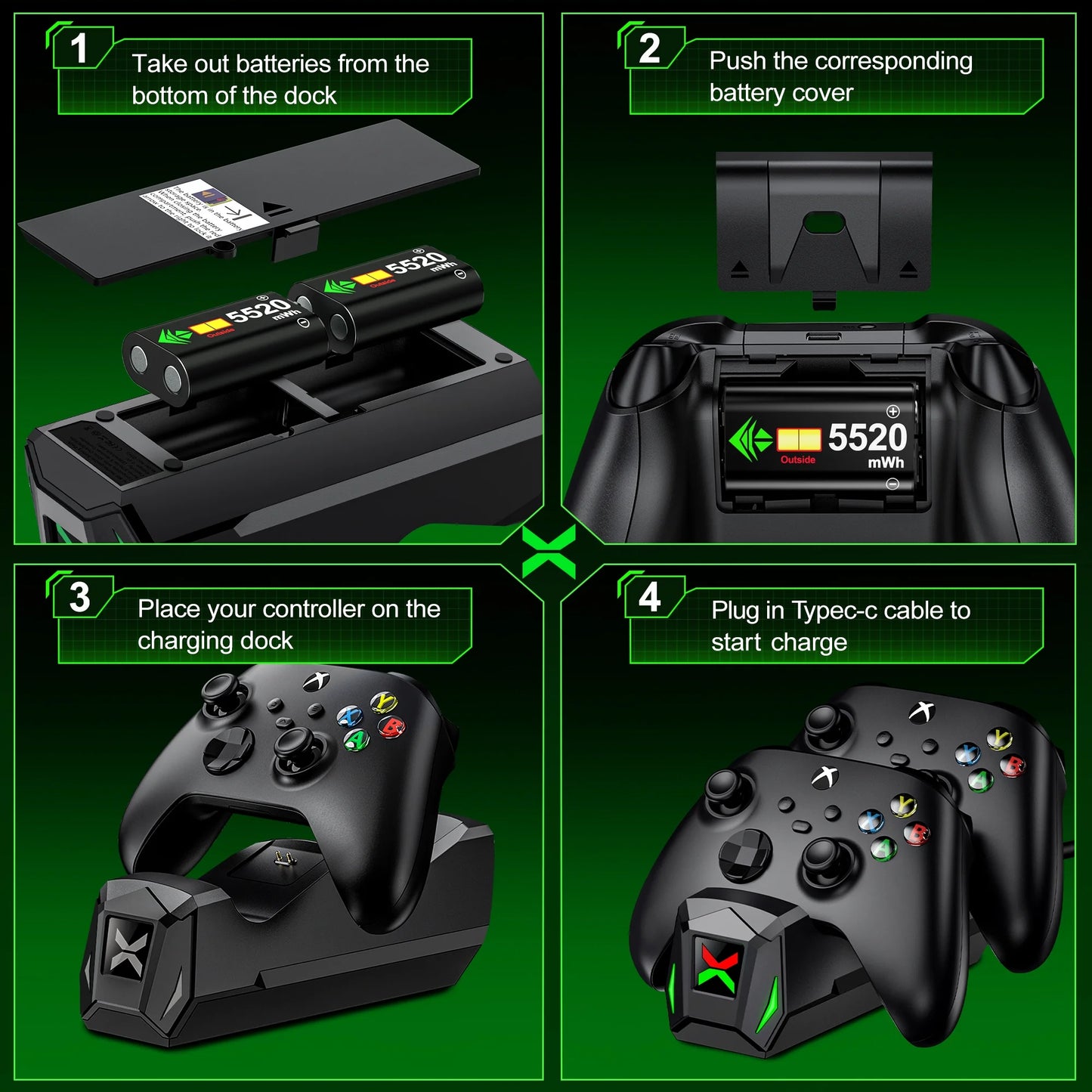 Xbox Controller Charger Station with 2*5520Mwh Rechargeable Battery Pack for Xbox Series X/ Series S/Xbox One,Black