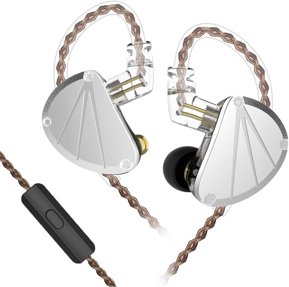 Kbear KB10 Pure IEM 5 Drivers Stage in Ear Monitor with Detachable 2 Pin Cable for Singer(With Microphone, Silver Black)