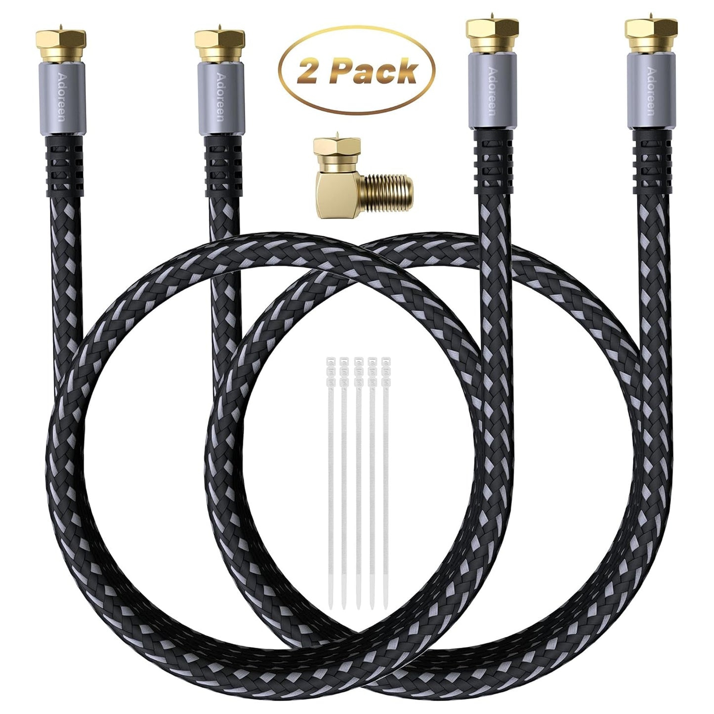 Coaxial Cable 4 Ft-2 Pack, Quad Shielded RG6 Coax Cable Cord, Male F Gold-Plated Nylon-Braided, In-Wall, Digital TV Aerial AV Antenna Satellite with 90 Degree Male to Female Adapter+15 Ties