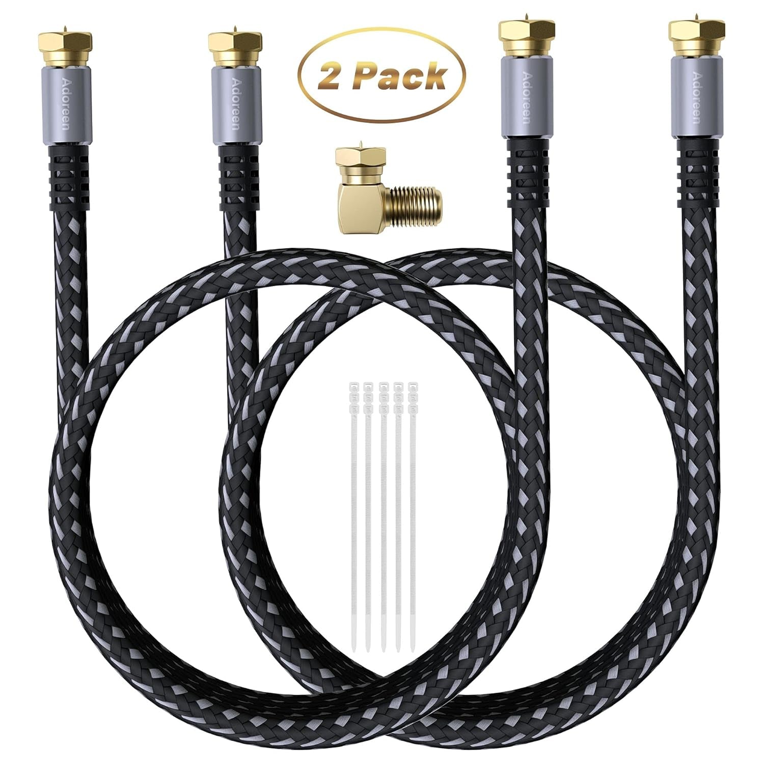 Coaxial Cable 4 Ft-2 Pack, Quad Shielded RG6 Coax Cable Cord, Male F Gold-Plated Nylon-Braided, In-Wall, Digital TV Aerial AV Antenna Satellite with 90 Degree Male to Female Adapter+15 Ties