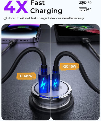 90W USB C Car Charger, PD45W & QC45W Super Fast Type C Car Charger [All Metal & Mini], Cigarette Lighter USB Charger Car Fast Charing for Iphone 16/15/14 Pro Max, Samsung Galaxy S24/23/22, Macbook Air
