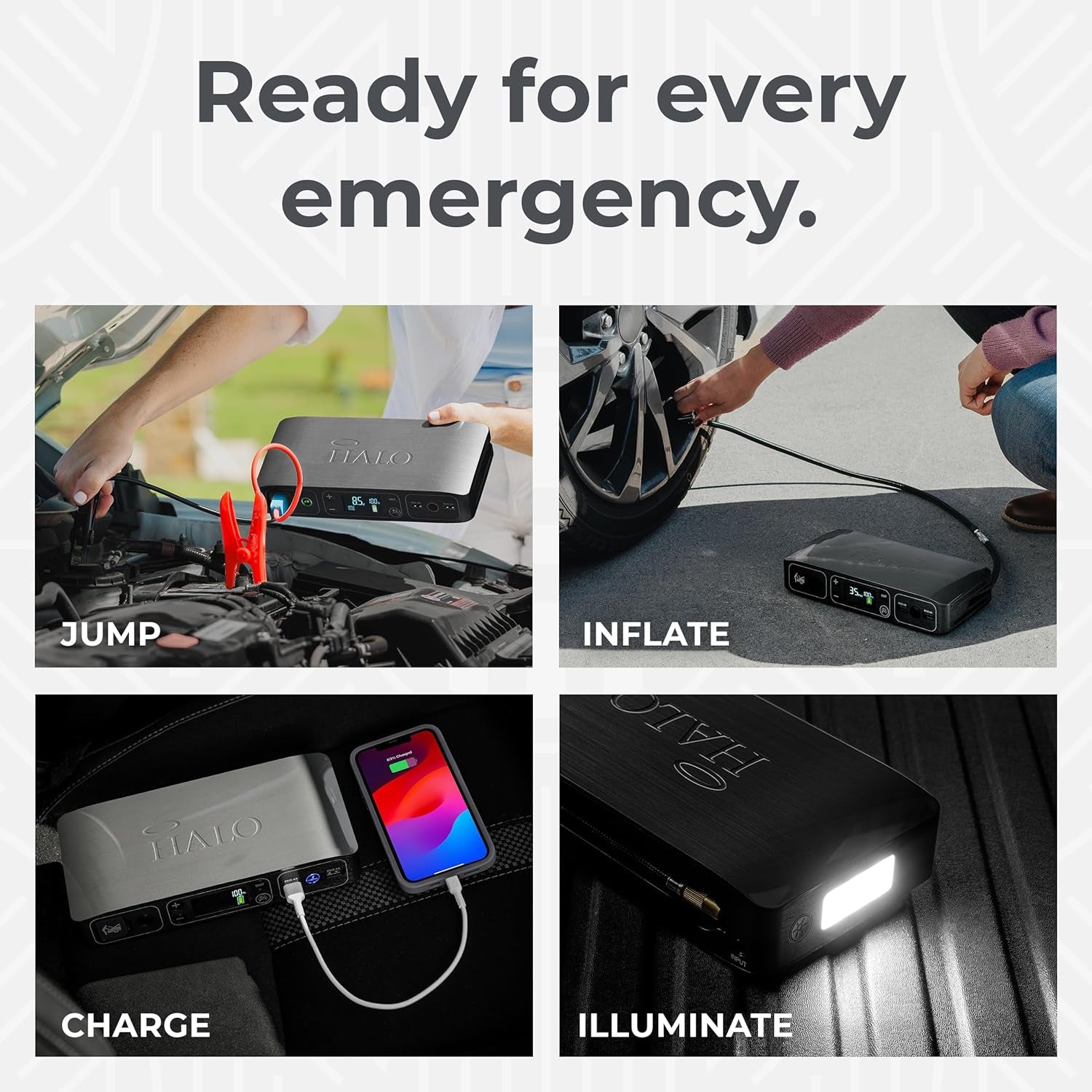 Bolt Air 58830 Portable Car Battery Jump Starter | 100 PSI Air Compressor, 58.8Wh USB Power Bank, Emergency Floodlight & Charger, Jumps Cars Suvs & Trucks, Inflates Tires, TSA Approved — Gray