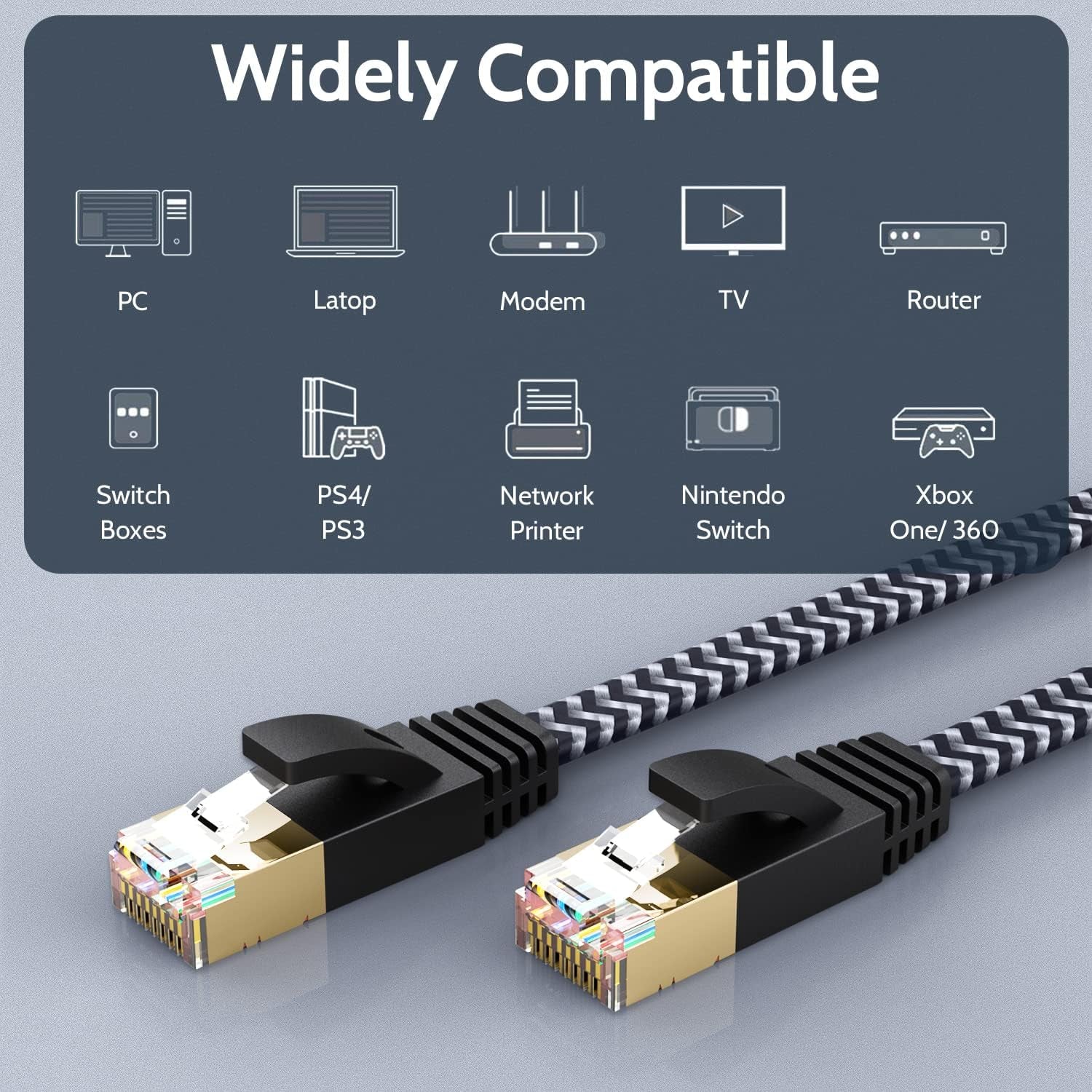 Cat 7 Ethernet Cable 10Ft - Flat Design, Easy Install, Nylon Braided, More Durable High Speed Internet Cable Network Cord Shielded LAN Cables for Computers, Routers, Switches, and Gaming Consoles