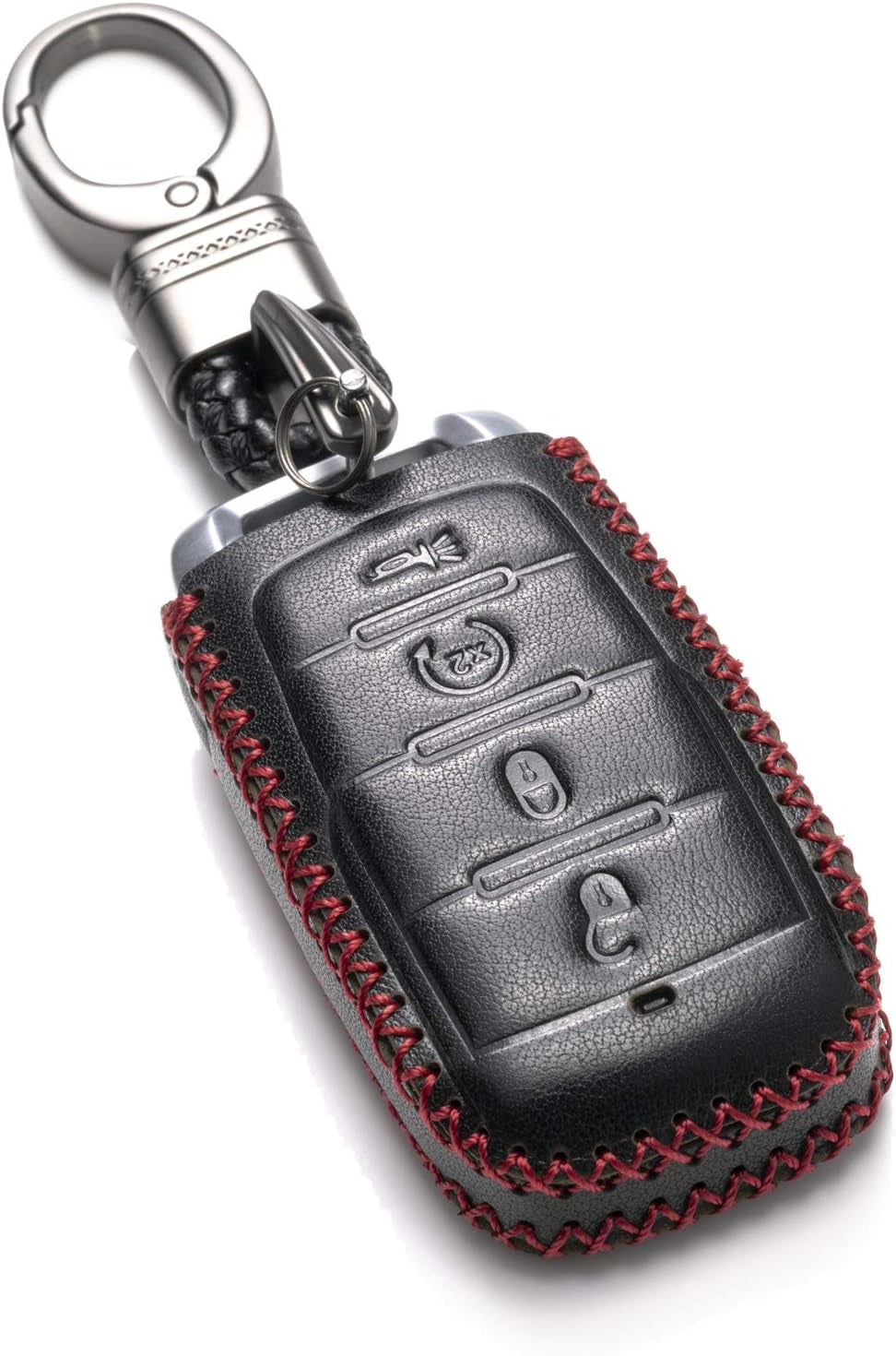 Genuine Leather Smart Key Fob Case Cover Protector Compatible with RAM 1500, RAM 2500, RAM 3500 2019 - 2026 (4-Button, Black/Red)