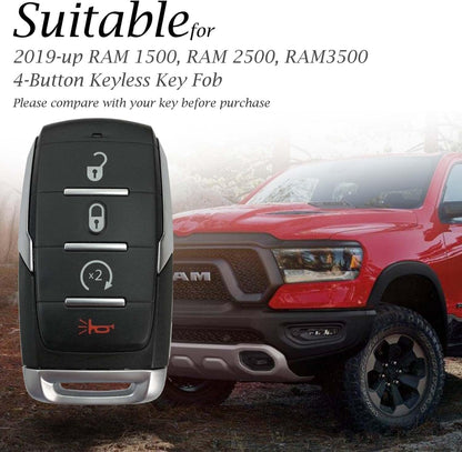 Genuine Leather Smart Key Fob Case Cover Protector Compatible with RAM 1500, RAM 2500, RAM 3500 2019 - 2026 (4-Button, Black/Red)