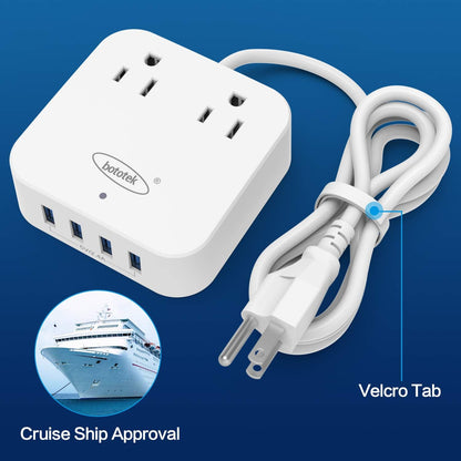Power Strip,  Travel Power Strip Extension Cord with 2 Widely Outlets 4 USB Ports, Flat Plug, 4Ft Desk USB Charging Station for Dorm Room Home and Cruise Ship Essentials Travel