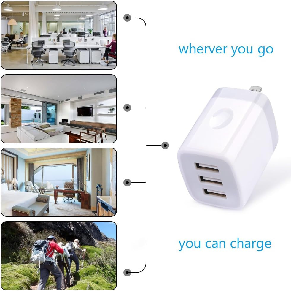 USB Wall Charger,  2Pack Wall Plug 3-Port USB Charging Station 3.1A Power Adapter Multi Port Quick Charger Block Cube for Iphone 17 16 15 14 13 12 11 Pro XS MAX 8 Ipad Samsung Galaxy S25 S24 S23