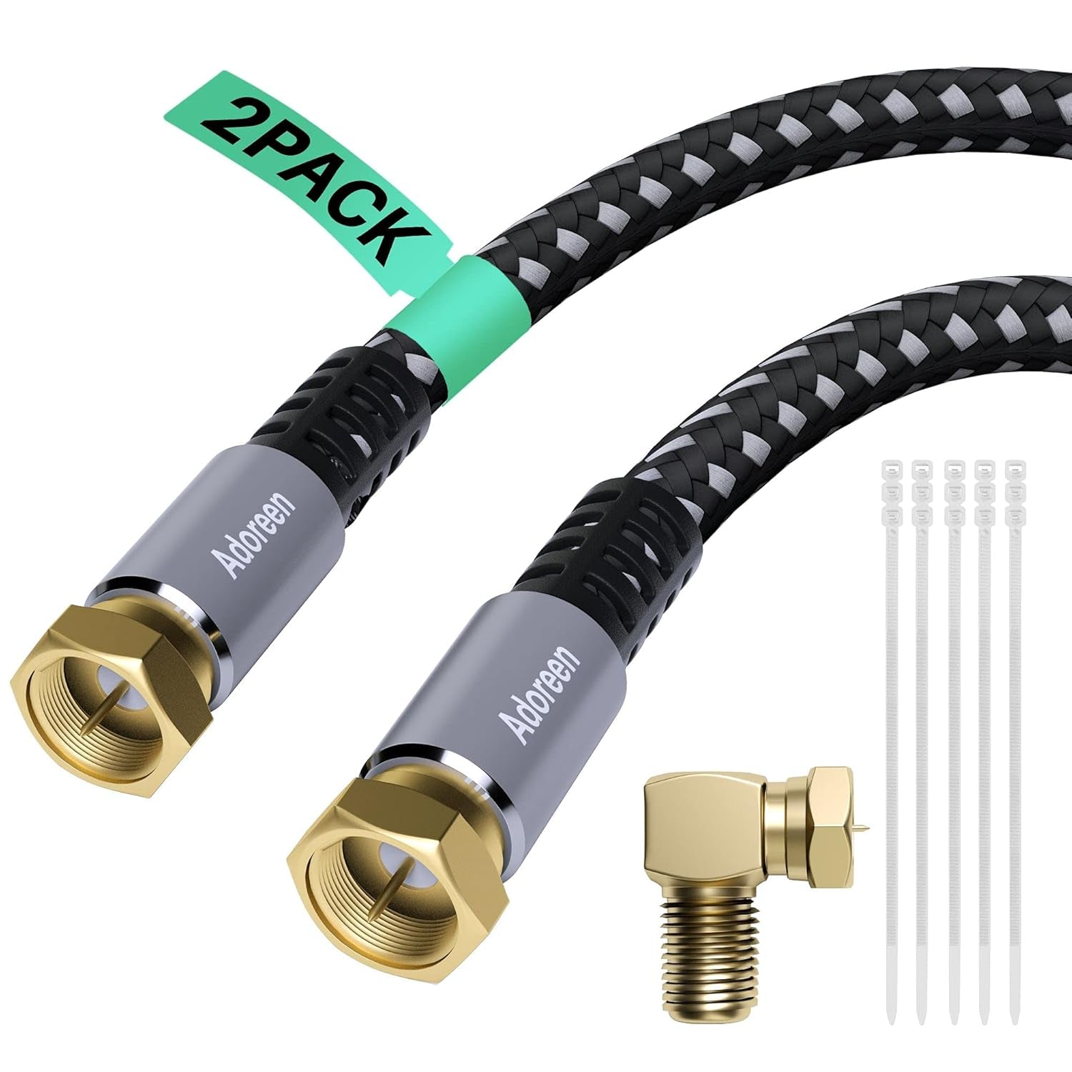 Coaxial Cable 4 Ft-2 Pack, Quad Shielded RG6 Coax Cable Cord, Male F Gold-Plated Nylon-Braided, In-Wall, Digital TV Aerial AV Antenna Satellite with 90 Degree Male to Female Adapter+15 Ties