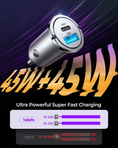 90W USB C Car Charger, PD45W & QC45W Super Fast Type C Car Charger [All Metal & Mini], Cigarette Lighter USB Charger Car Fast Charing for Iphone 16/15/14 Pro Max, Samsung Galaxy S24/23/22, Macbook Air