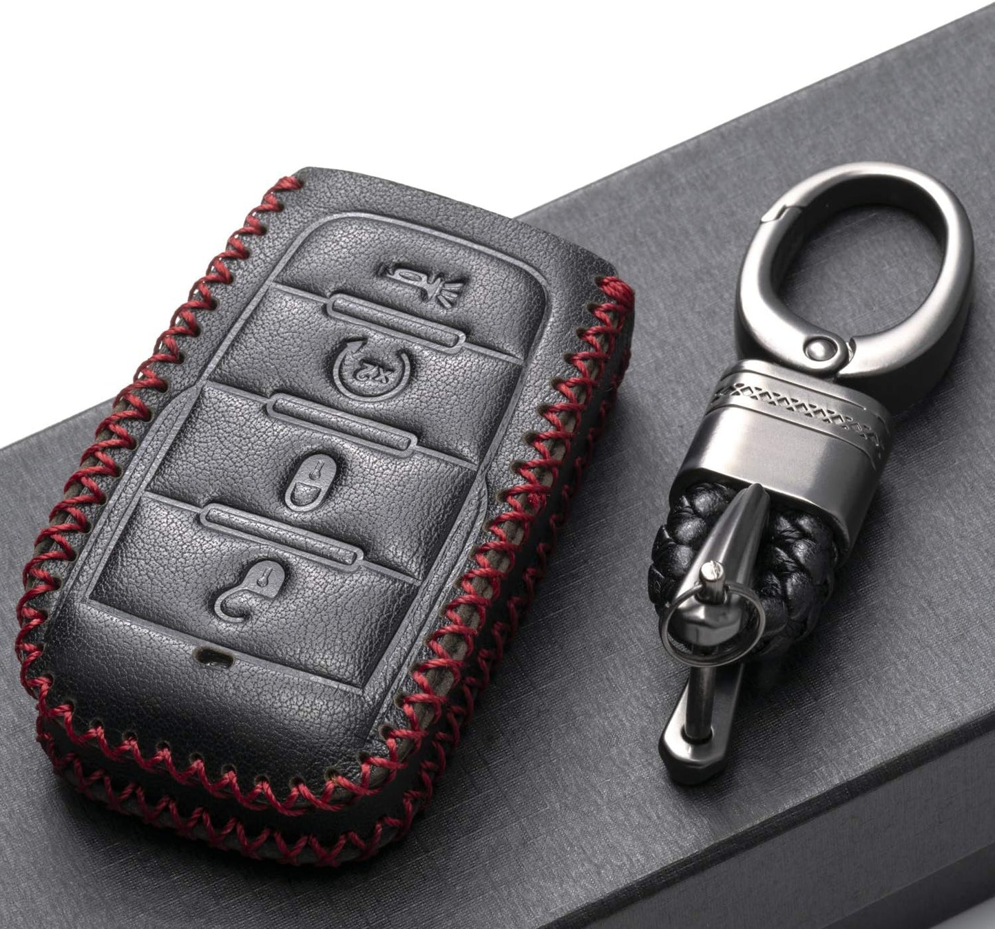 Genuine Leather Smart Key Fob Case Cover Protector Compatible with RAM 1500, RAM 2500, RAM 3500 2019 - 2026 (4-Button, Black/Red)
