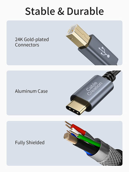 USB-C Printer Cable 2 M, Type B 2.0 Cable Compatible with Macbook Pro, HP, Canon, Brother, Samsung Printers, PVC with Aluminium Housing, 6.6 Ft/Black