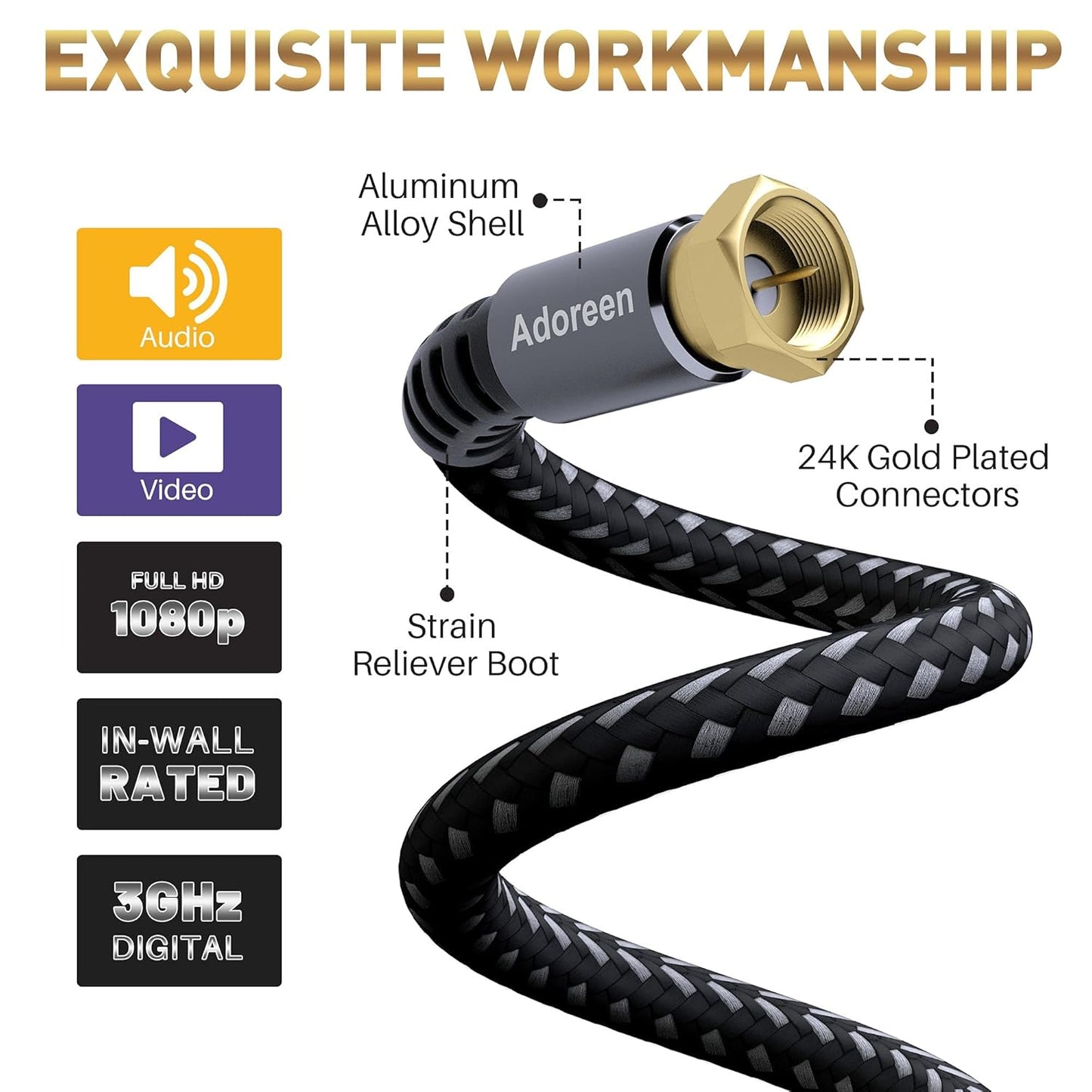 Coaxial Cable 4 Ft-2 Pack, Quad Shielded RG6 Coax Cable Cord, Male F Gold-Plated Nylon-Braided, In-Wall, Digital TV Aerial AV Antenna Satellite with 90 Degree Male to Female Adapter+15 Ties