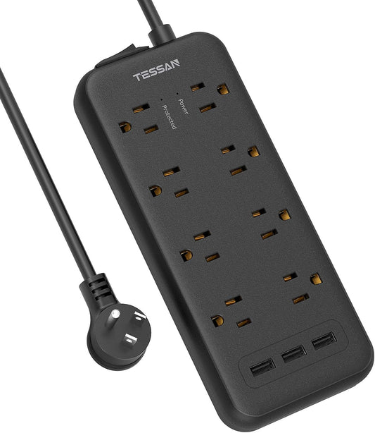 Surge Protector Power Strip,  8 Outlets and 3 USB Ports 5Ft Long Extension Cord Flat Plug, 1875W/15A, 1700 Joules, Wall Mountable for Home, Office, School and Dorm Room Essentials, Black
