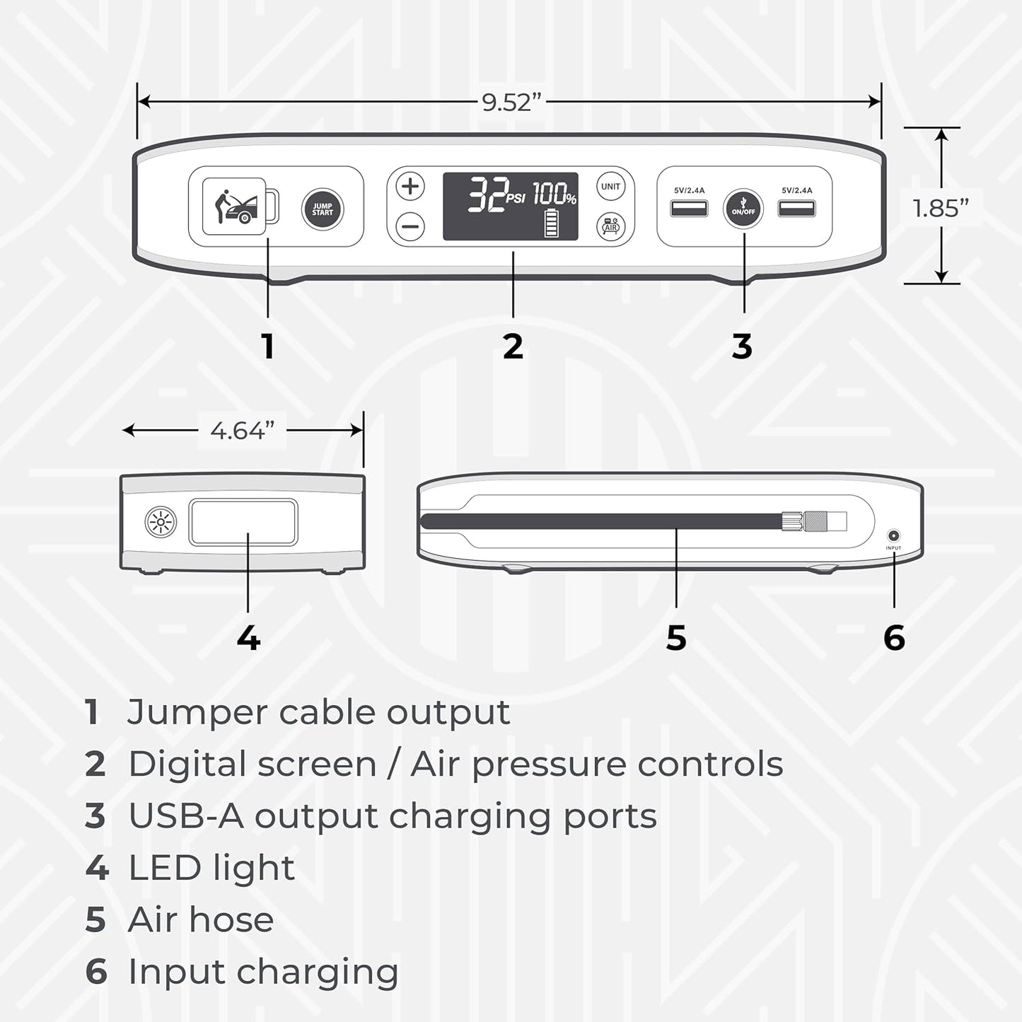 Bolt Air 58830 Portable Car Battery Jump Starter | 100 PSI Air Compressor, 58.8Wh USB Power Bank, Emergency Floodlight & Charger, Jumps Cars Suvs & Trucks, Inflates Tires, TSA Approved — Gray