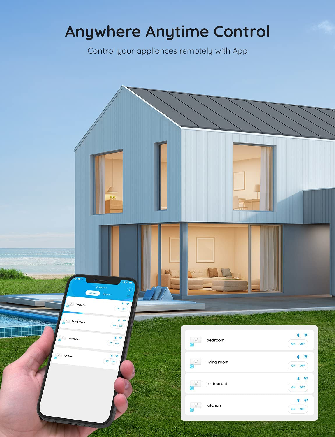 Smart Plug 15A, Wifi Bluetooth Outlets 4 Pack Work with Alexa and Google Assistant, Wifi Plugs with Multiple Timers,  Home APP Group Control Remotely, No Hub Required, ETL&FCC Certified