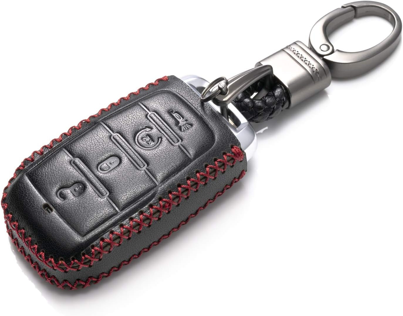 Genuine Leather Smart Key Fob Case Cover Protector Compatible with RAM 1500, RAM 2500, RAM 3500 2019 - 2026 (4-Button, Black/Red)