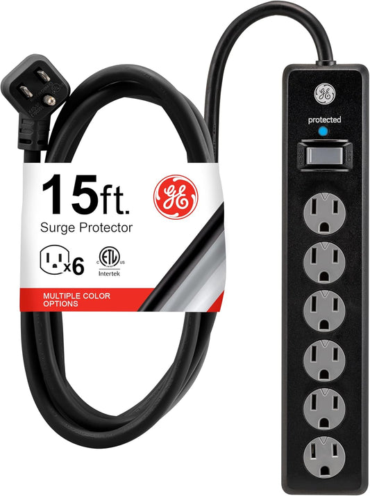 Sur Protector Power Strip, 15 Ft Extension Cord, 6 Outlet Extender, 800 Joules, Flat Plug, Twist-To-Close Safety Covers, ETL Listed, Black, 50767