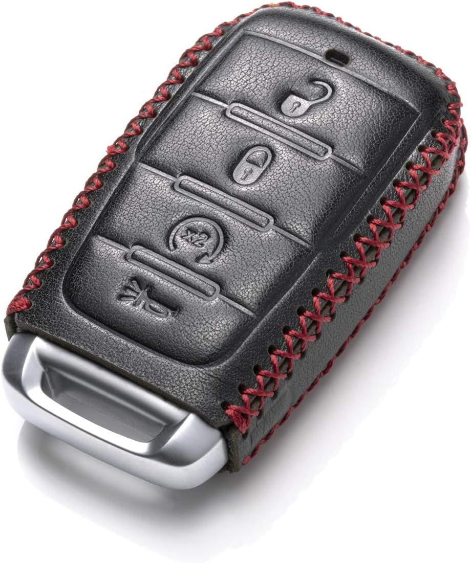 Genuine Leather Smart Key Fob Case Cover Protector Compatible with RAM 1500, RAM 2500, RAM 3500 2019 - 2026 (4-Button, Black/Red)