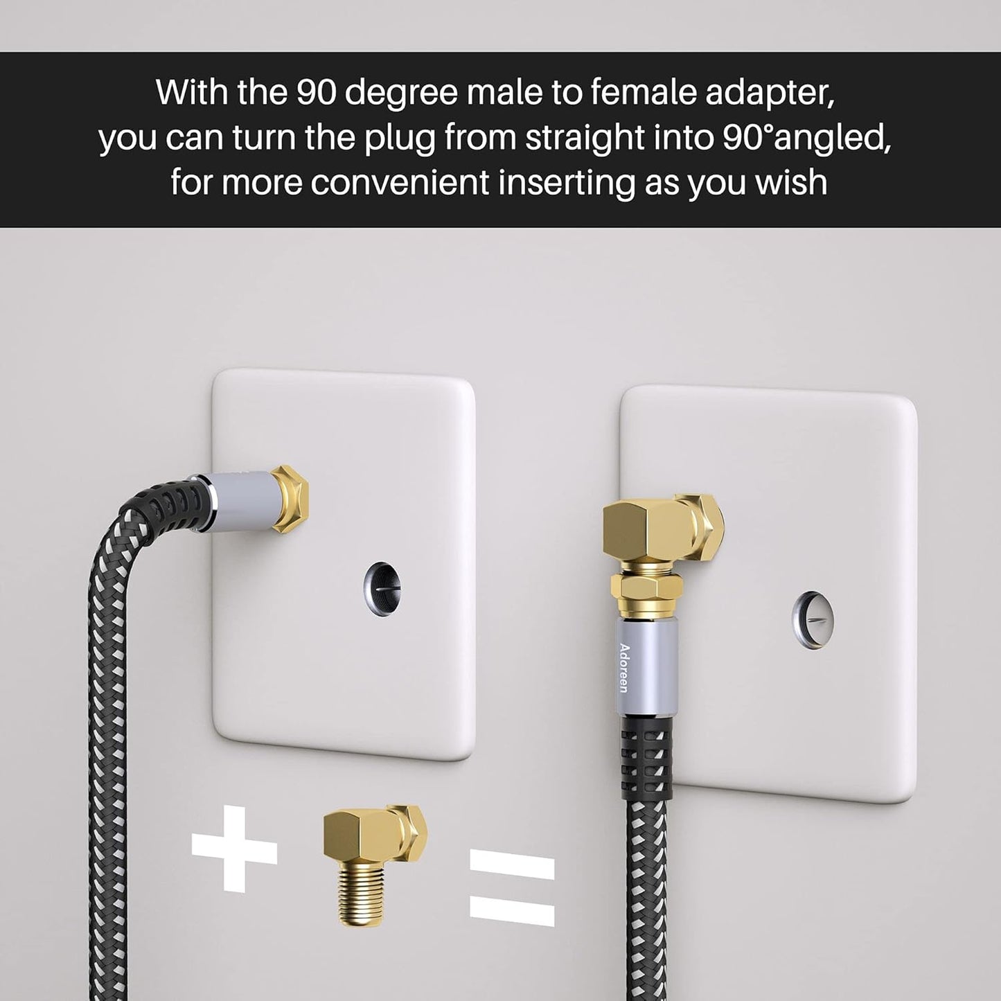 Coaxial Cable 4 Ft-2 Pack, Quad Shielded RG6 Coax Cable Cord, Male F Gold-Plated Nylon-Braided, In-Wall, Digital TV Aerial AV Antenna Satellite with 90 Degree Male to Female Adapter+15 Ties