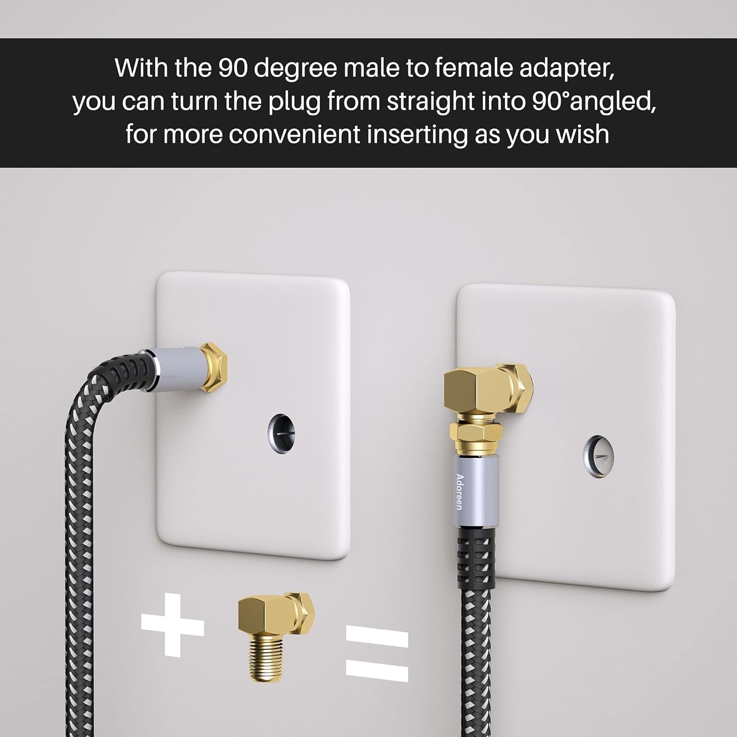 Coaxial Cable 4 Ft-2 Pack, Quad Shielded RG6 Coax Cable Cord, Male F Gold-Plated Nylon-Braided, In-Wall, Digital TV Aerial AV Antenna Satellite with 90 Degree Male to Female Adapter+15 Ties